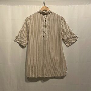 Chicos Sz 0 Short Sleeve Cotton Striped Lace-up Back Blouse Tunic Beige/White